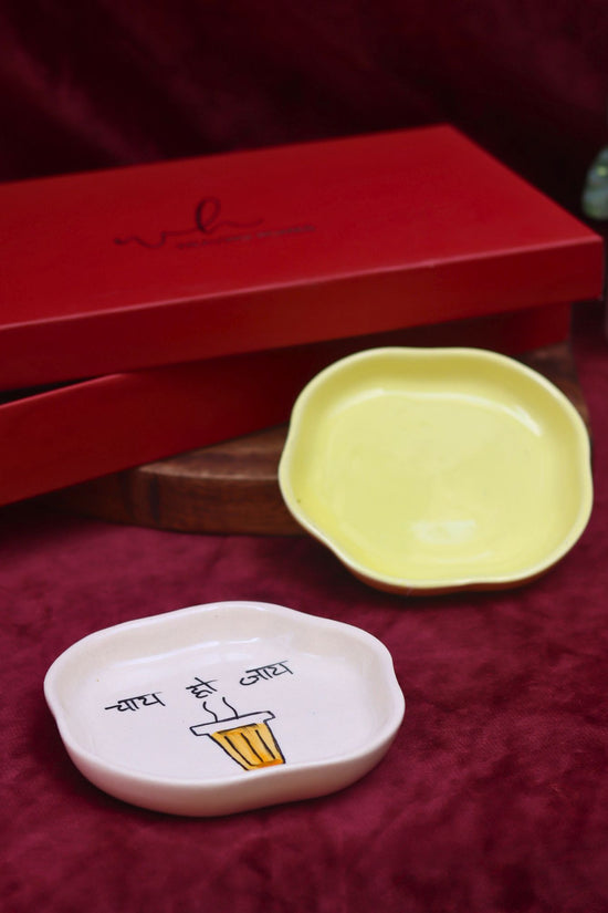 Lead free Sunshine Yellow & Chai ho jaye Handmade Dessert plate in a Gift Box