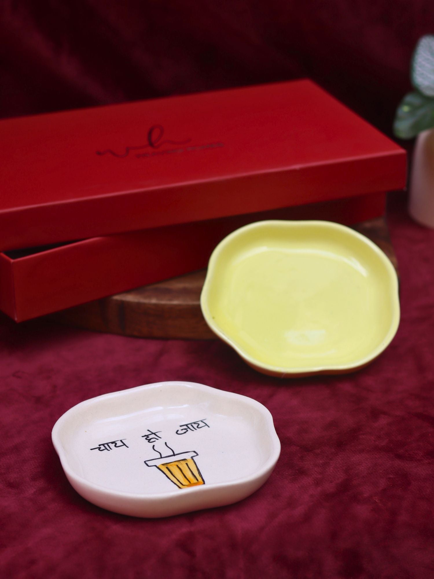 Lead free Sunshine Yellow & Chai ho jaye Handmade Dessert plate in a Gift Box