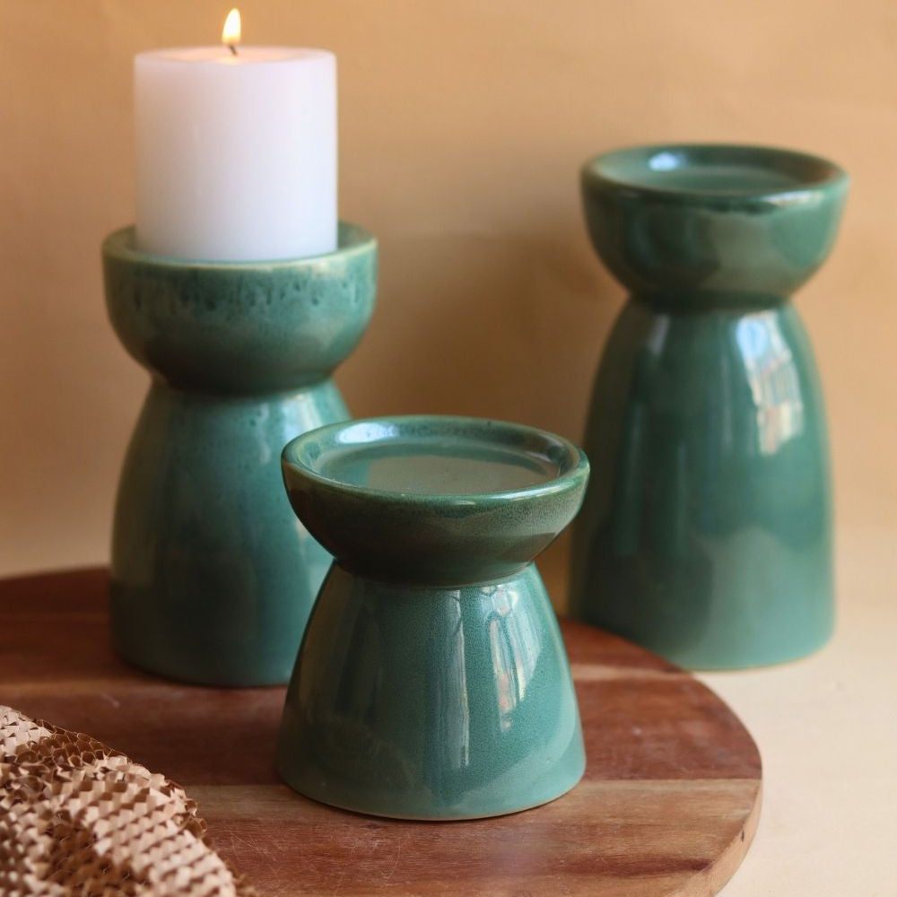 handmade Set of 3 - Green Pillar Candle Holder