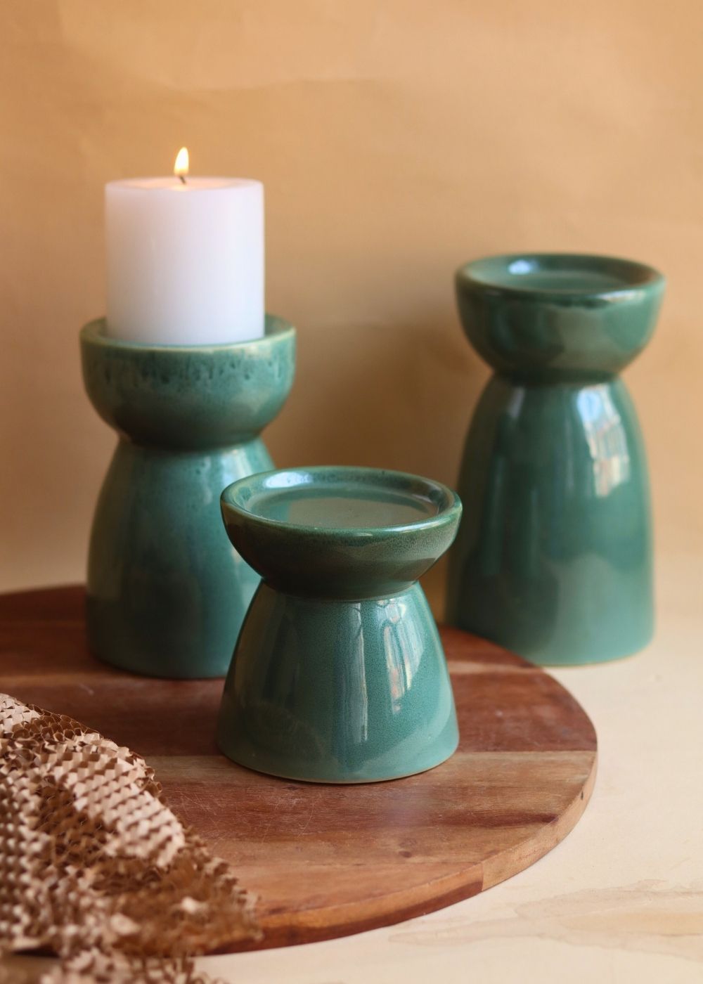 handmade Set of 3 - Green Pillar Candle Holder