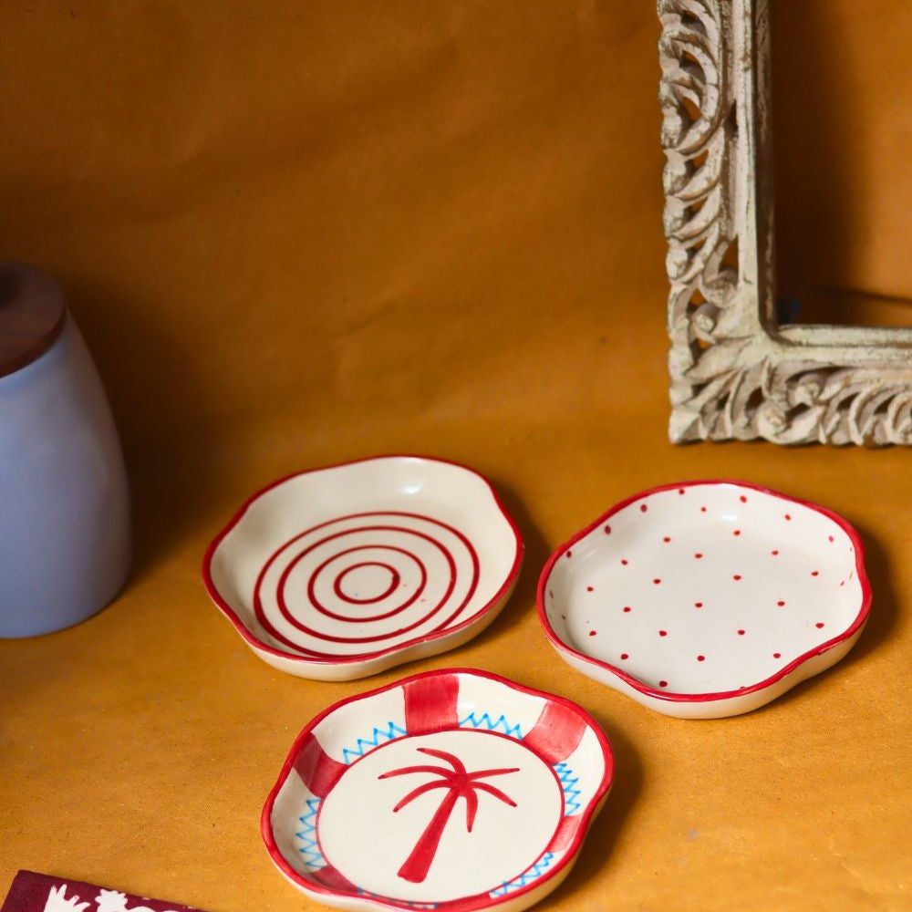 Set of 3 - Red & White Handmade dessert plate made by ceramic