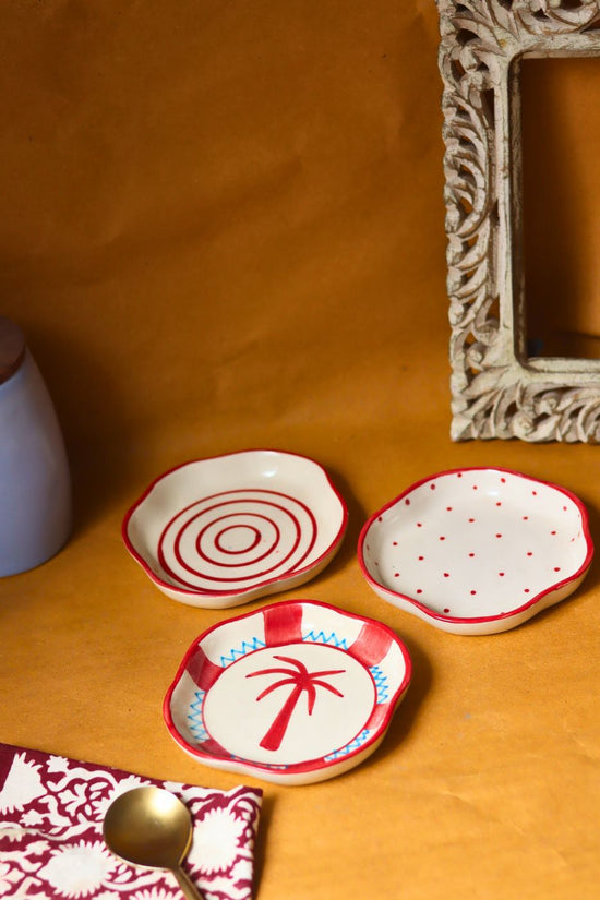 Set of 3 - Red & White Handmade dessert plate made by ceramic