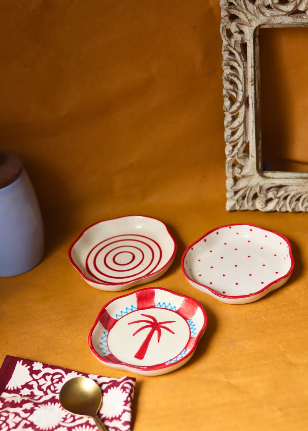 Set of 3 - Red & White Handmade dessert plate made by ceramic