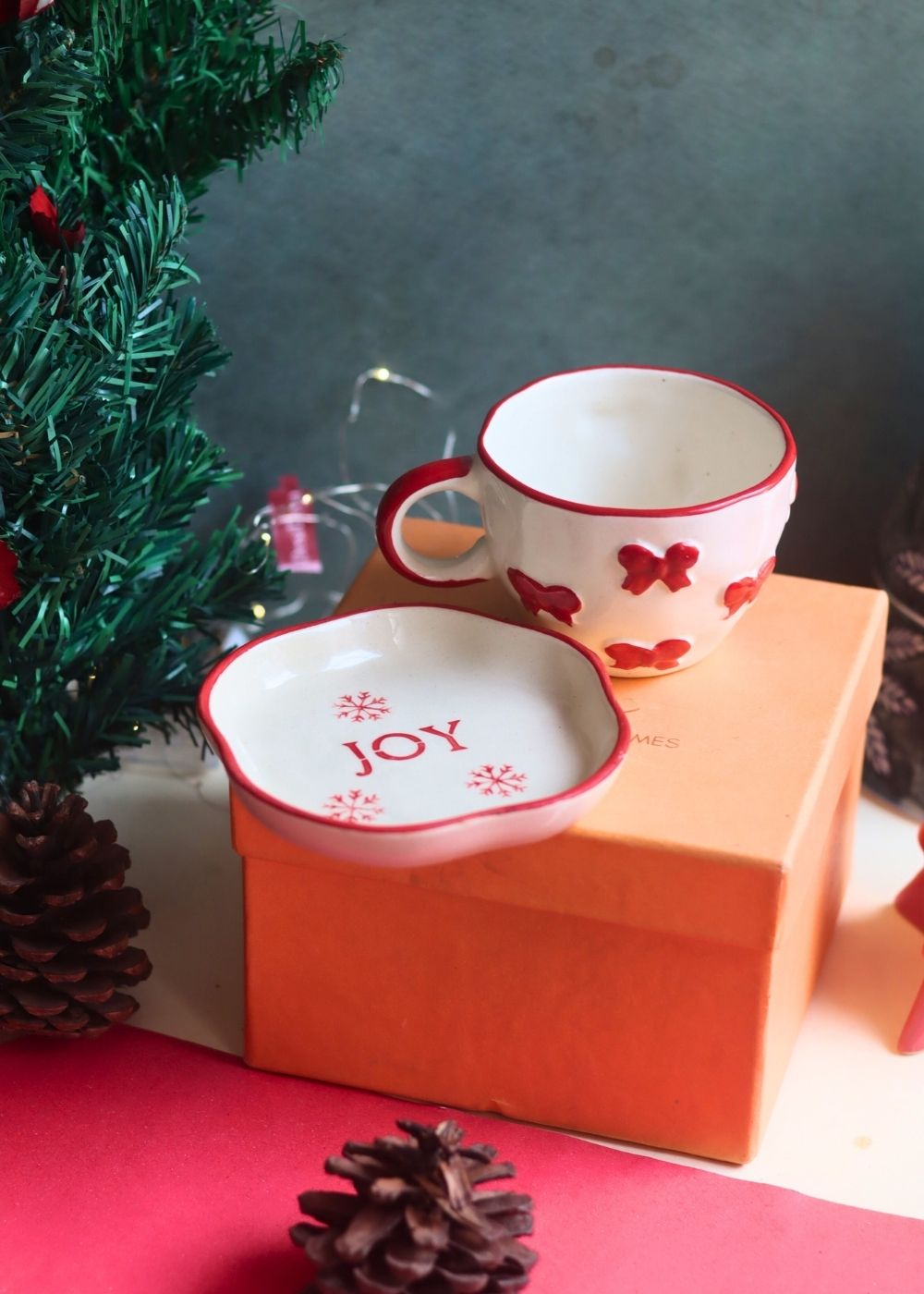 Bow Mug & Joy Handmade Dessert Plate in a Gift Box with premium quality material