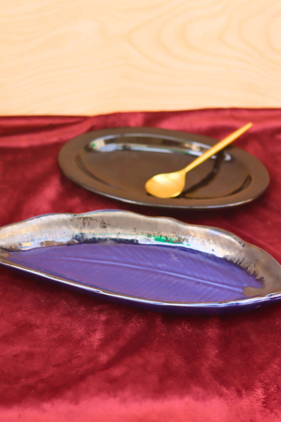 Set of 2 - Electric Blue leaf platter & Black oval platter combo handmade in India