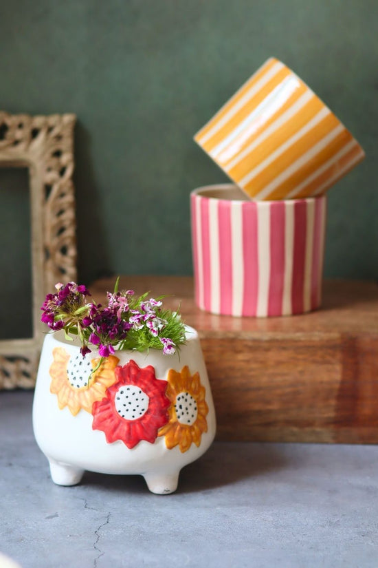 Set of 3 - Striped & Floral Bliss Planters handmade in india
