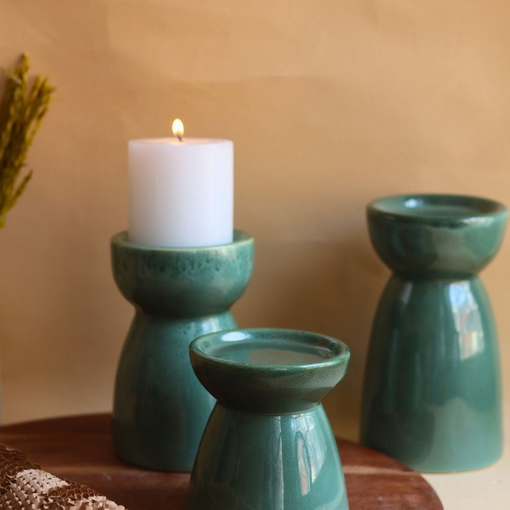 Set of 3 - Green Pillar Candle Holder made by ceramic