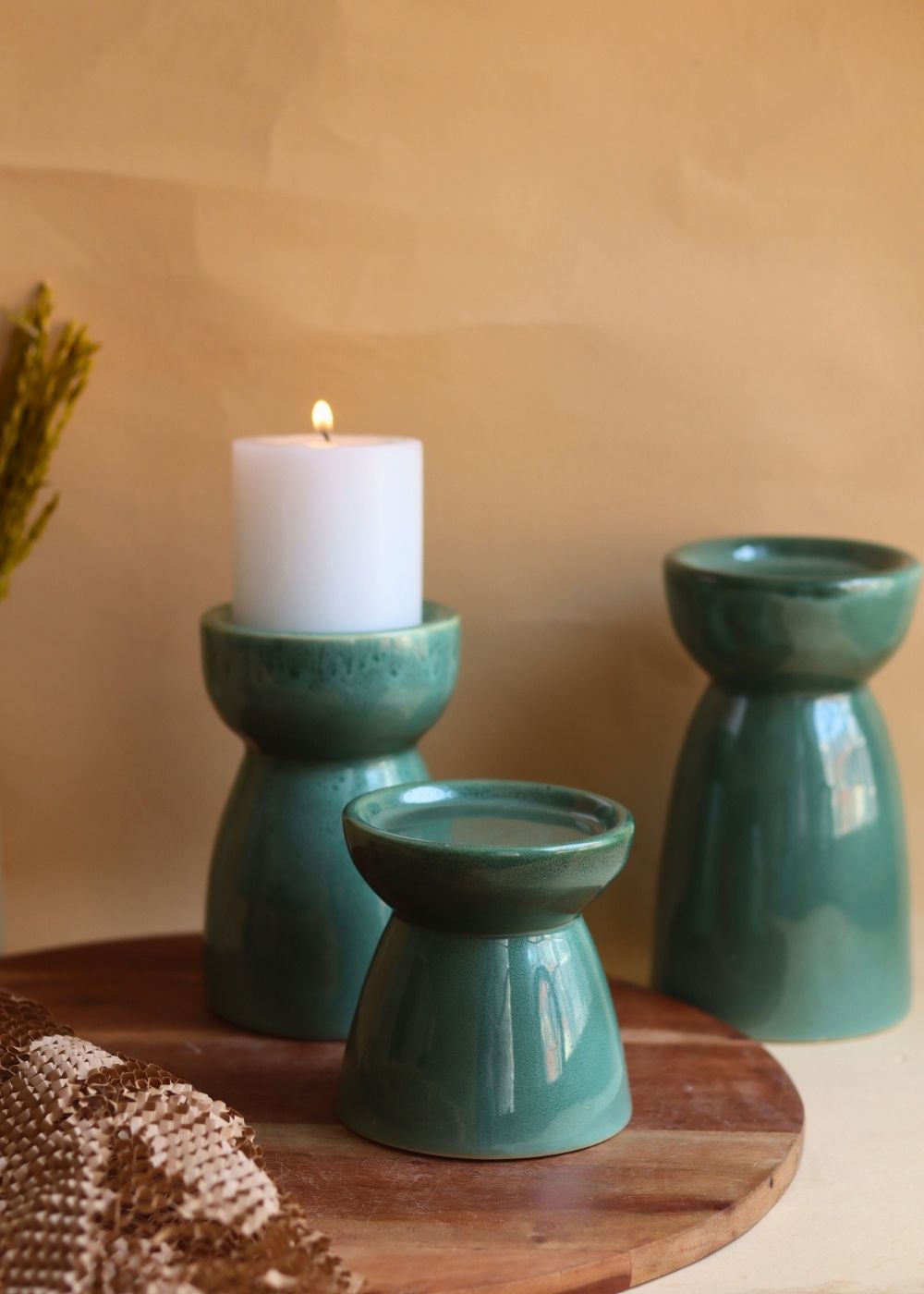 Set of 3 - Green Pillar Candle Holder made by ceramic