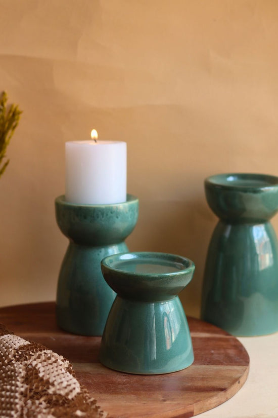 Set of 3 - Green Pillar Candle Holder made by ceramic