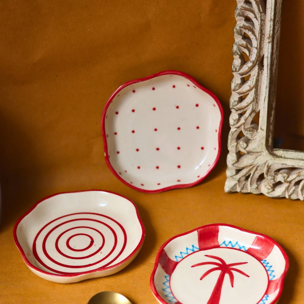 Set of 3 - Red & White Handmade dessert plate with premium quality material