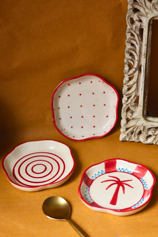 Set of 3 - Red & White Handmade dessert plate with premium quality material