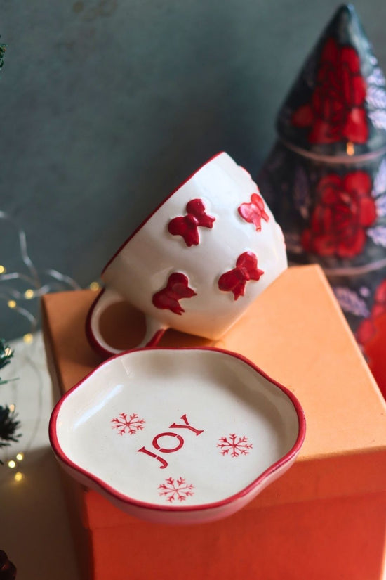 Bow Mug & Joy Handmade Dessert Plate in a Gift Box handmade in india