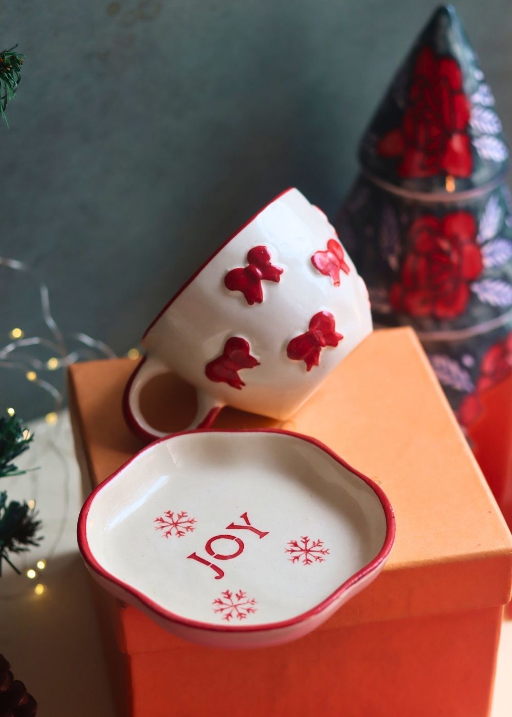 Bow Mug & Joy Handmade Dessert Plate in a Gift Box handmade in india