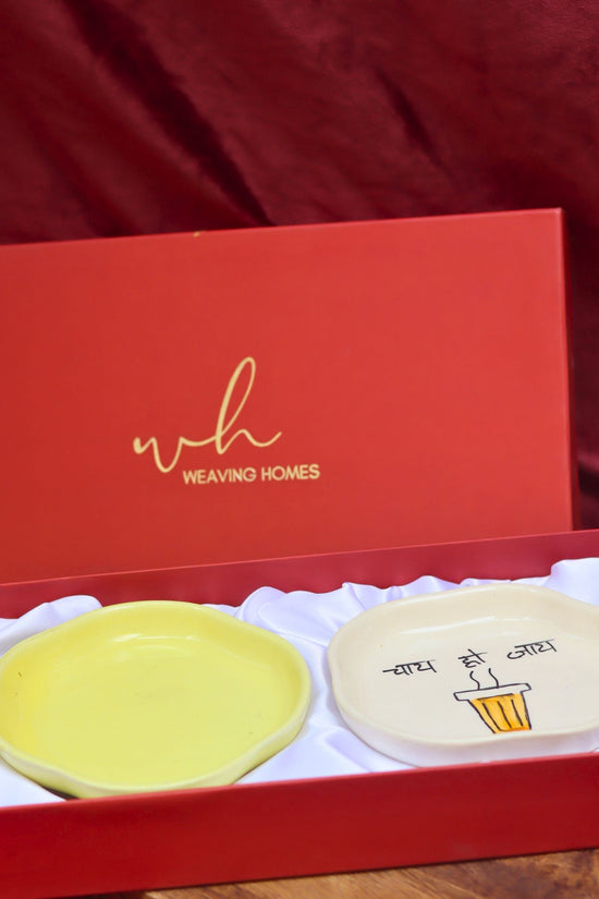 Sunshine Yellow & Chai ho jaye Handmade Dessert plate in a Gift Box made by ceramic