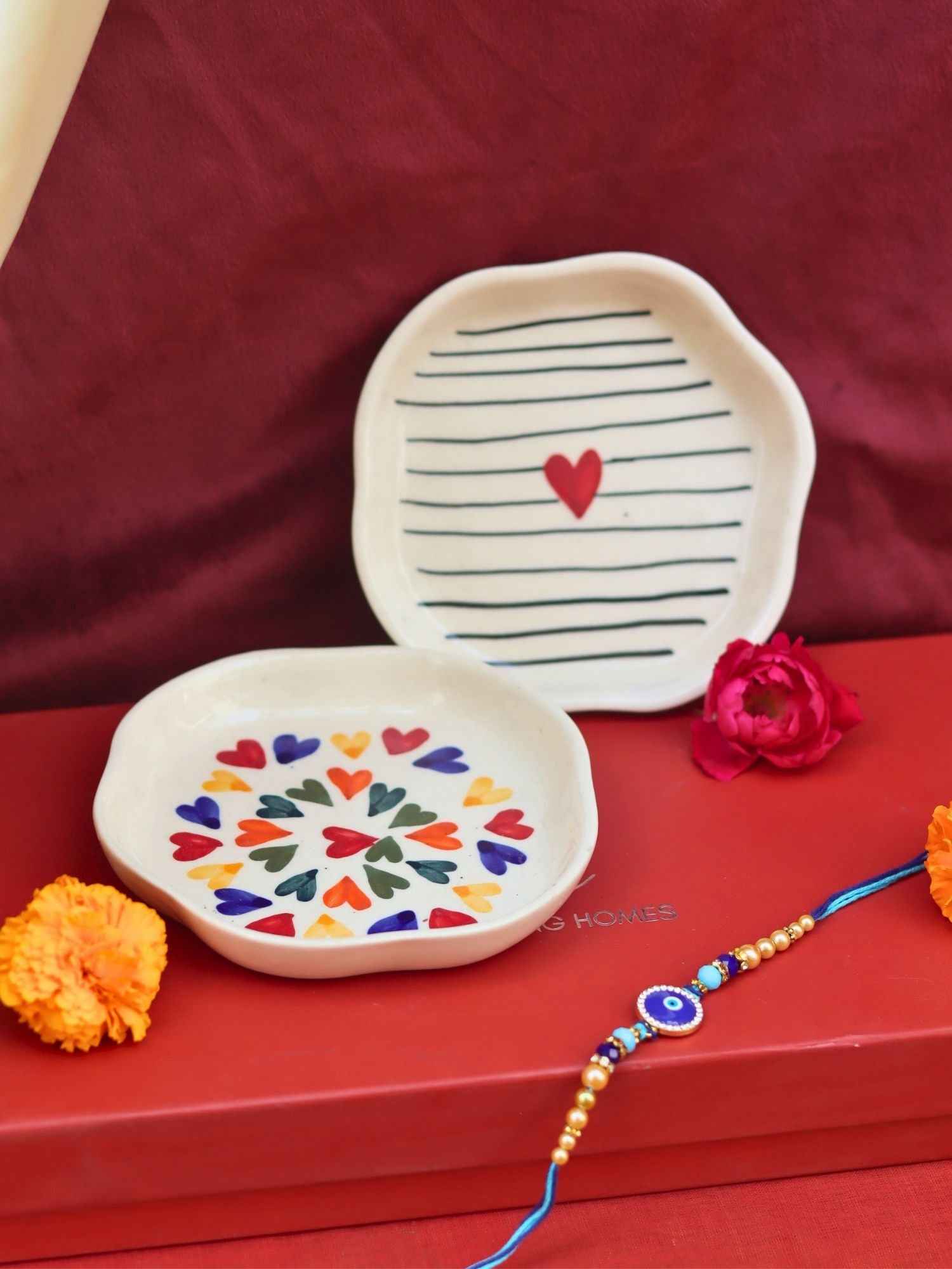 LoveisLove & Striped heart Handmade Dessert plate Rakhi Gift box