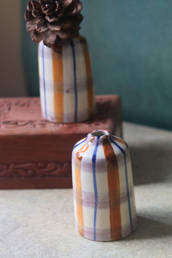 Chequered bud vase tall handmade 