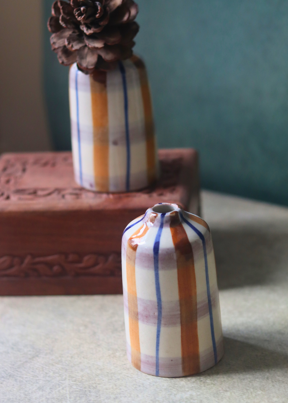 Chequered bud vase tall handmade 