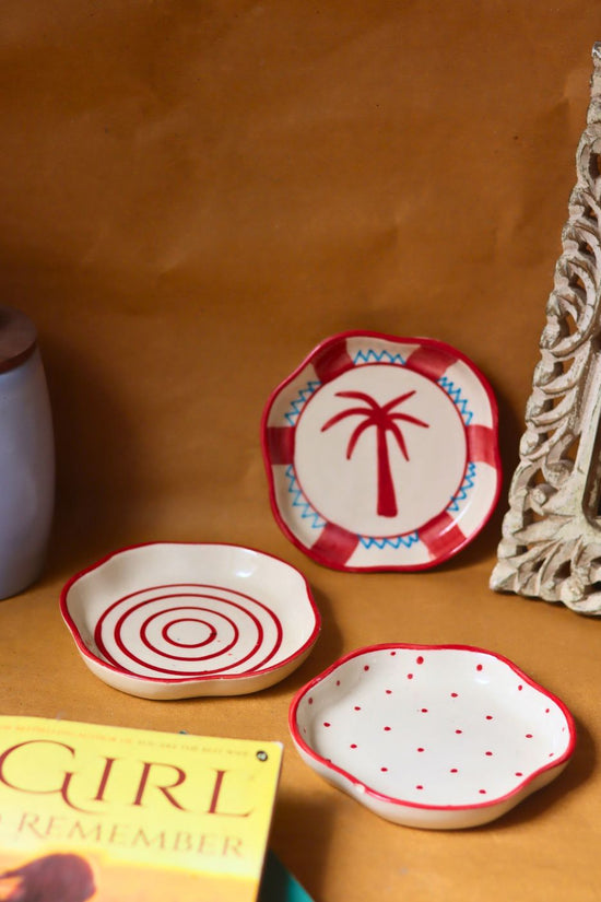 Set of 3 - Red & White Handmade dessert plate handmade in India