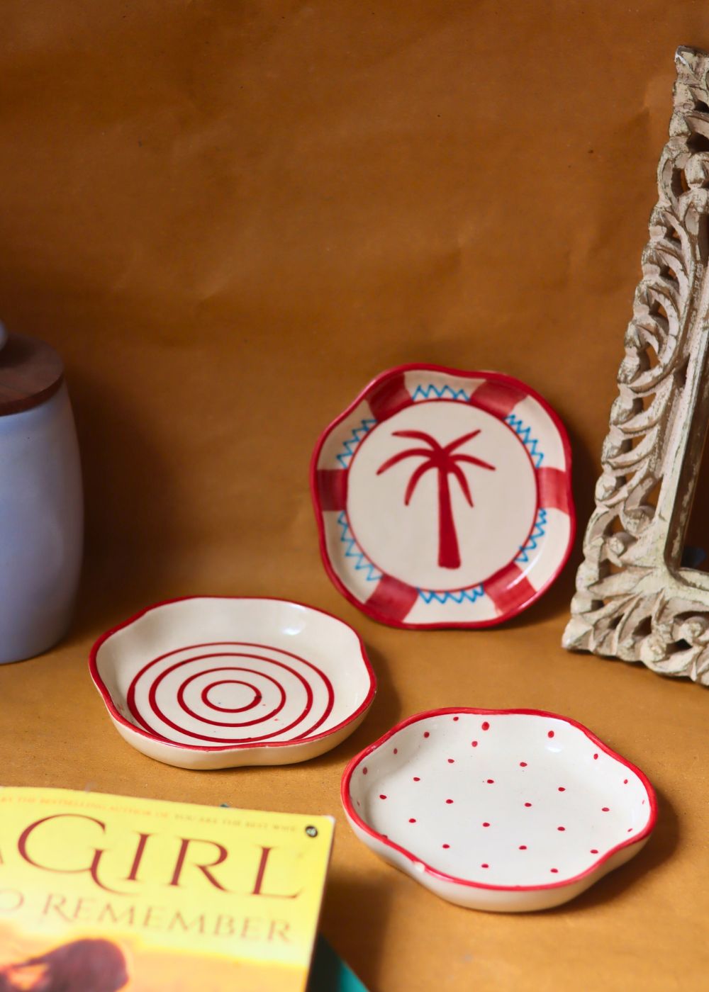 Set of 3 - Red & White Handmade dessert plate handmade in India