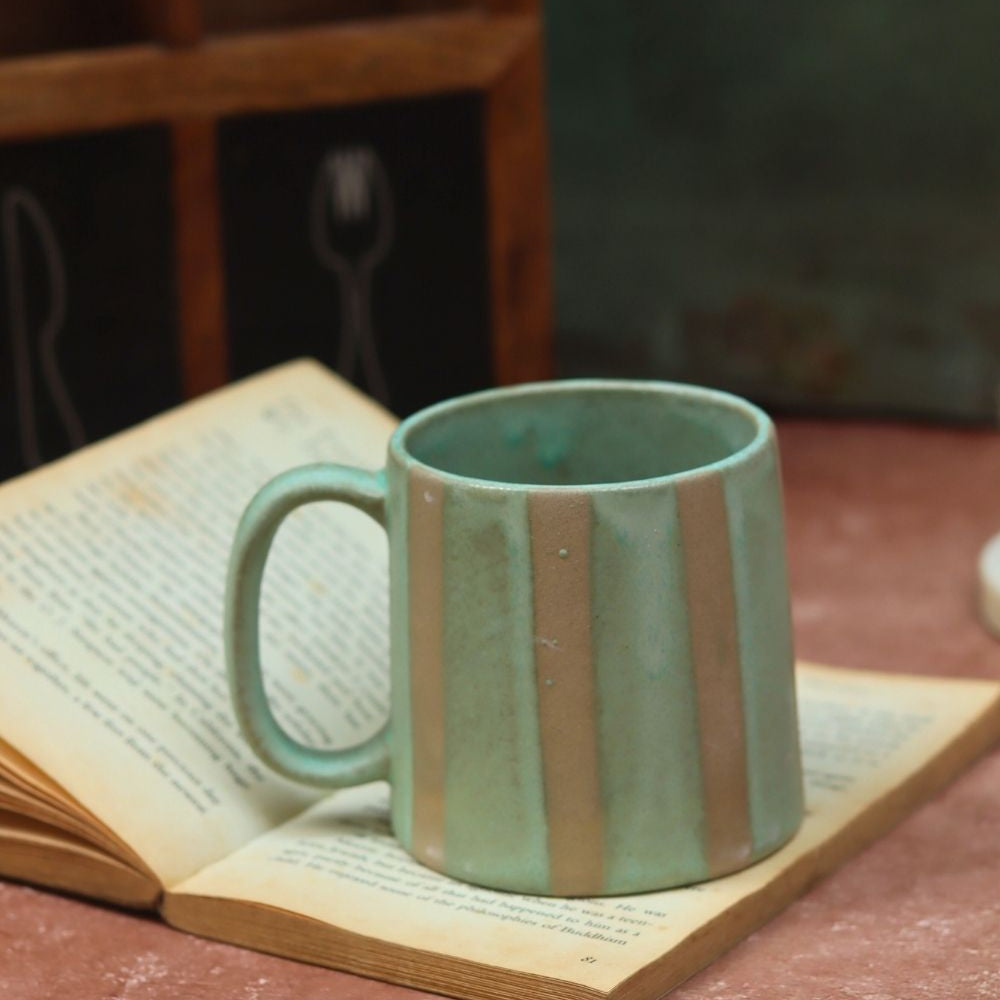 Green & Grey Striped Mug handmade in india