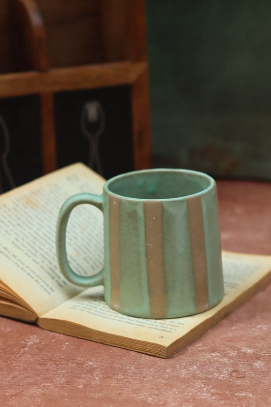 Green & Grey Striped Mug handmade in india