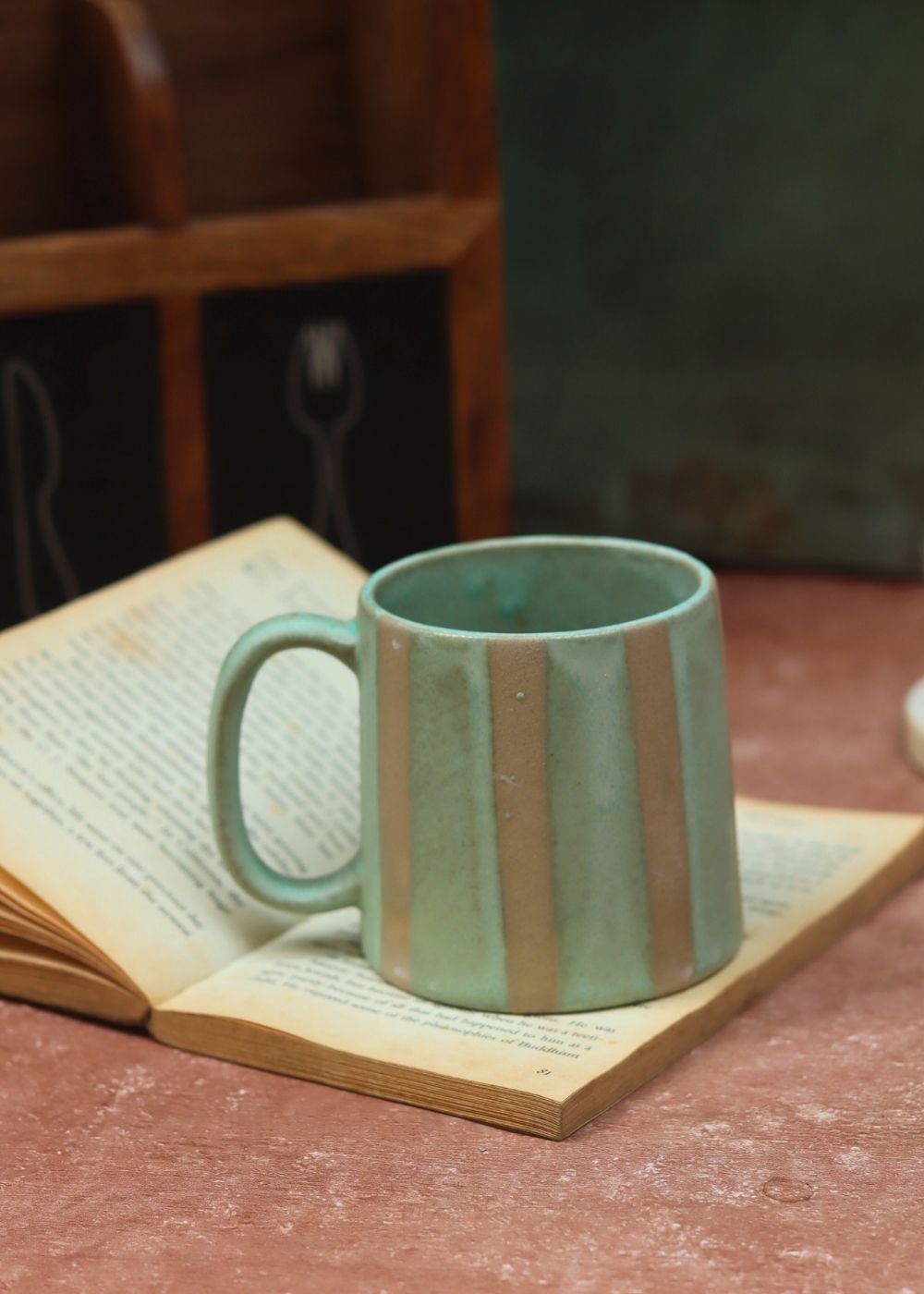 Green & Grey Striped Mug handmade in india