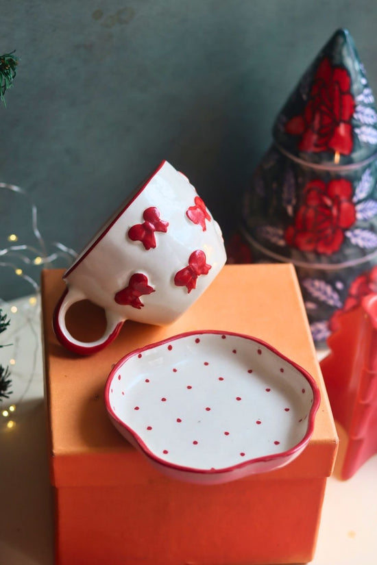 Handmade Bow Mug & Red Polka Handmade Dessert Plate in a Gift Box