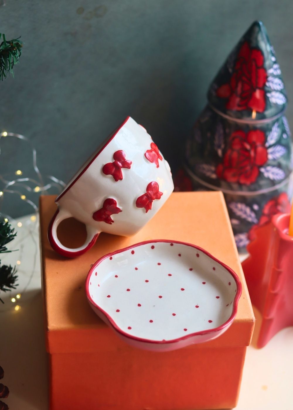 Handmade Bow Mug & Red Polka Handmade Dessert Plate in a Gift Box
