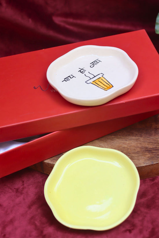 Sunshine Yellow & Chai ho jaye Handmade Dessert plate in a Gift Box with premium quality material