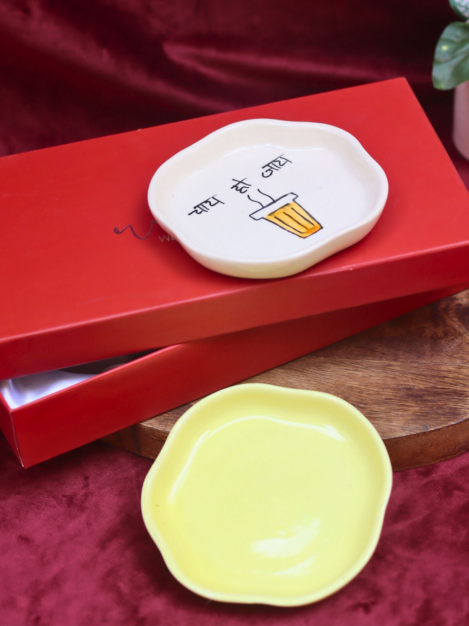 Sunshine Yellow & Chai ho jaye Handmade Dessert plate in a Gift Box with premium quality material