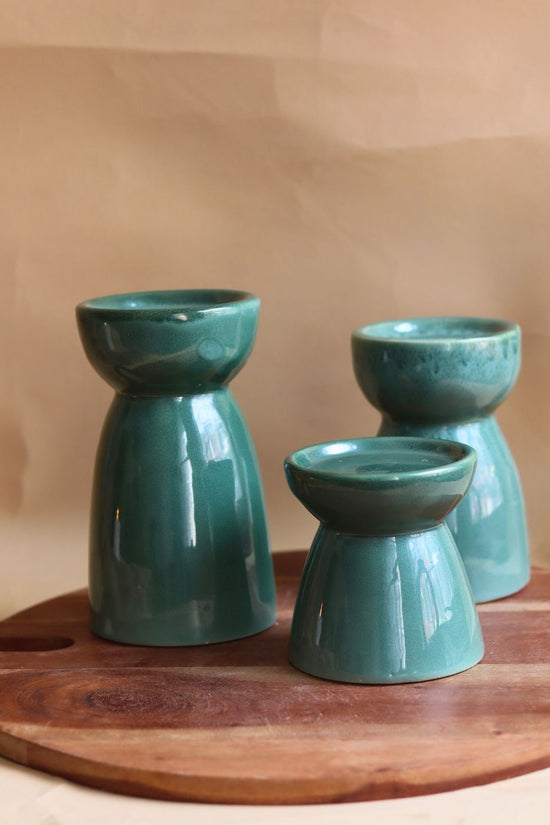Set of 3 - Green Pillar Candle Holder handmade in india