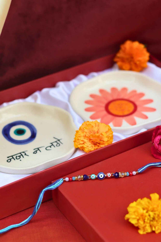 Nazar & Flower Handmade Dessert plate Rakhi Gift box