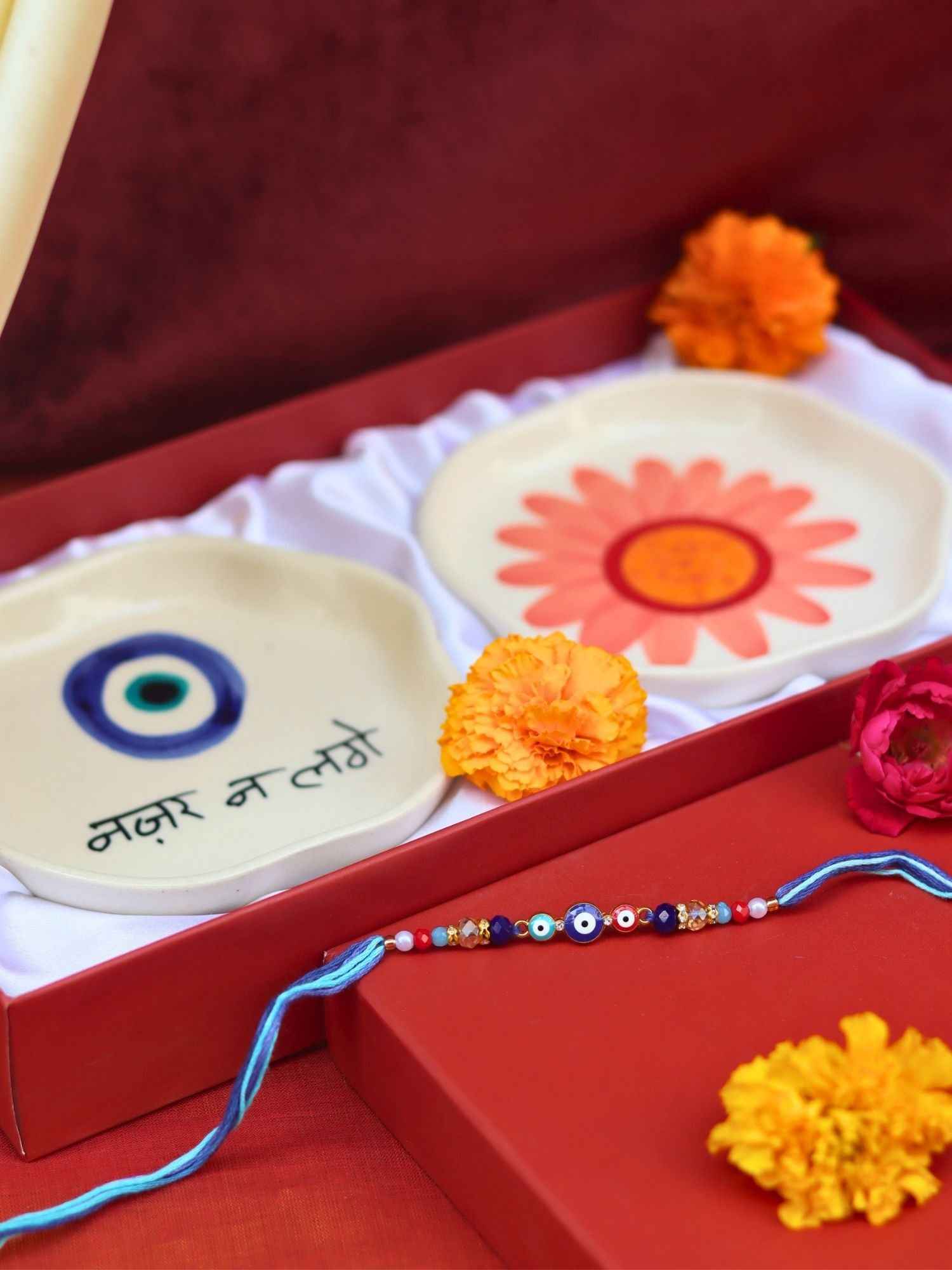 Nazar & Flower Handmade Dessert plate Rakhi Gift box
