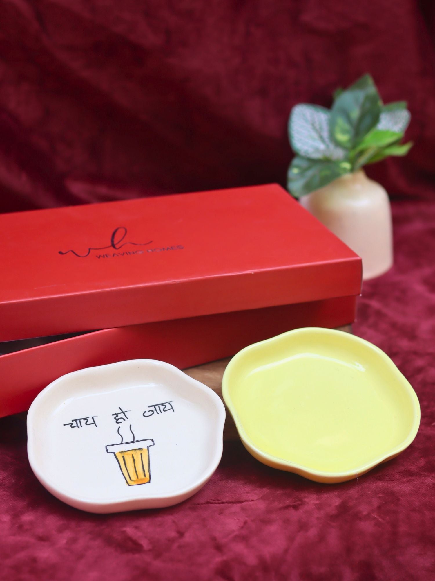 Sunshine Yellow & Chai ho jaye Handmade Dessert plate in a Gift Box handmade in India