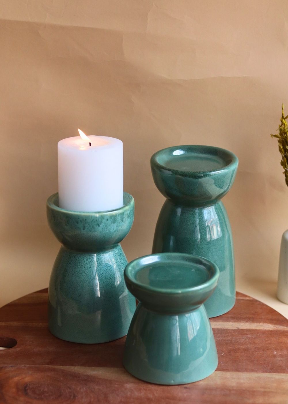 Set of 3 - Green Pillar Candle Holder with premium quality material