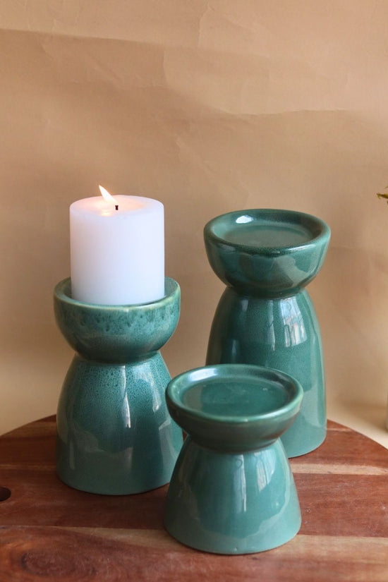 Set of 3 - Green Pillar Candle Holder with premium quality material