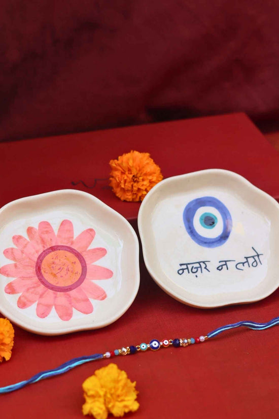 Nazar & Flower Handmade Dessert plate Rakhi Gift box