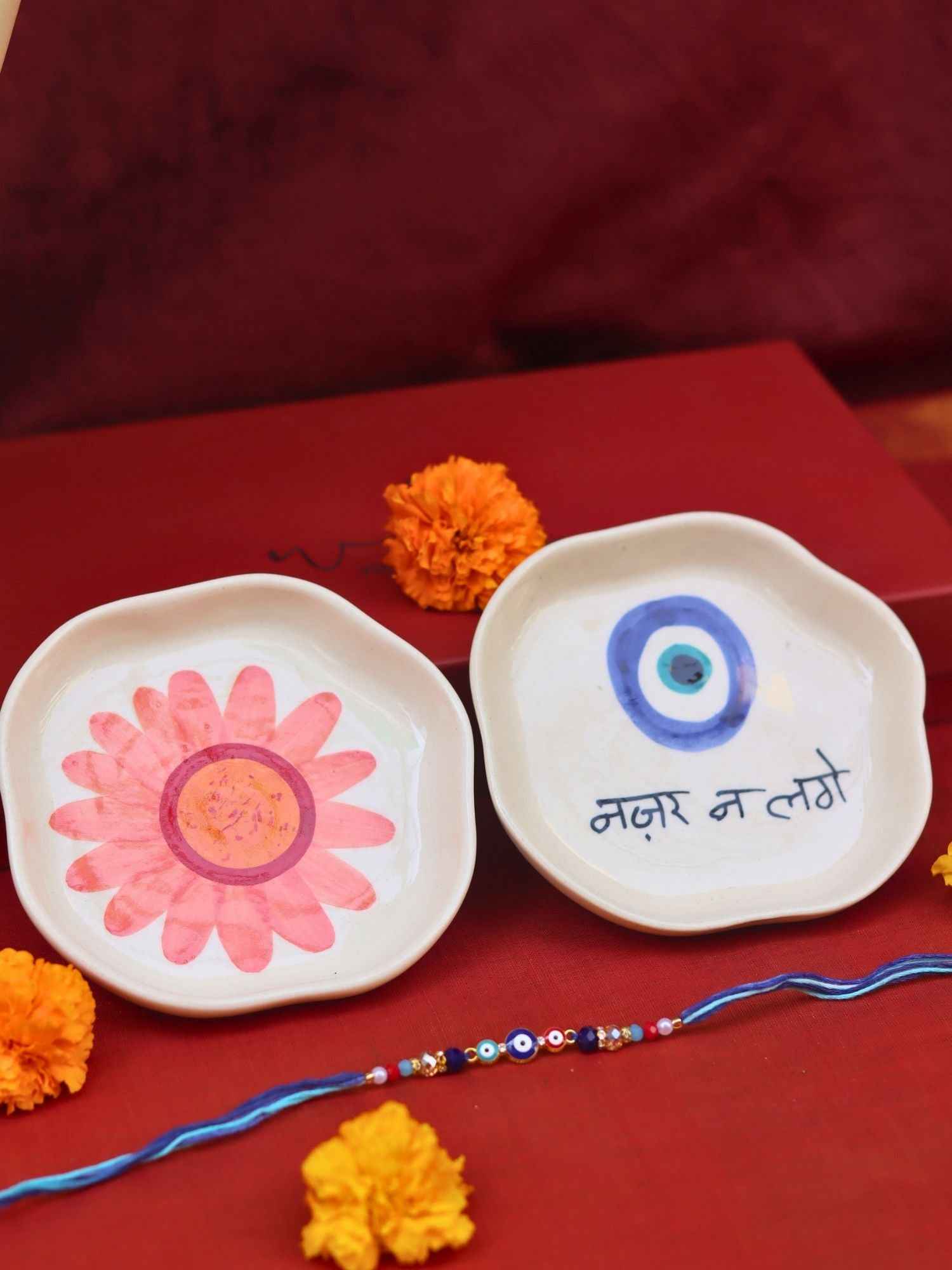 Nazar & Flower Handmade Dessert plate Rakhi Gift box