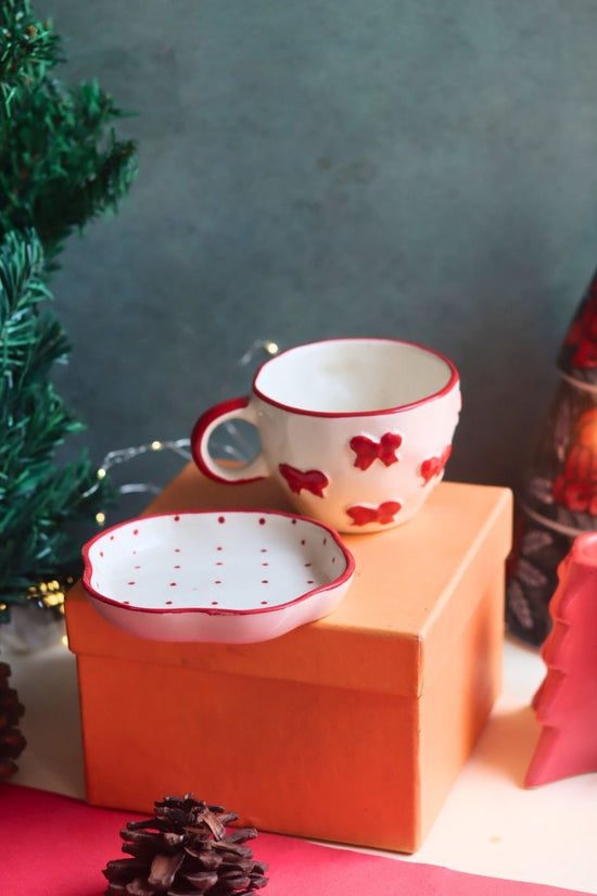 Bow Mug & Red Polka Handmade Dessert Plate in a Gift Box made by ceramic
