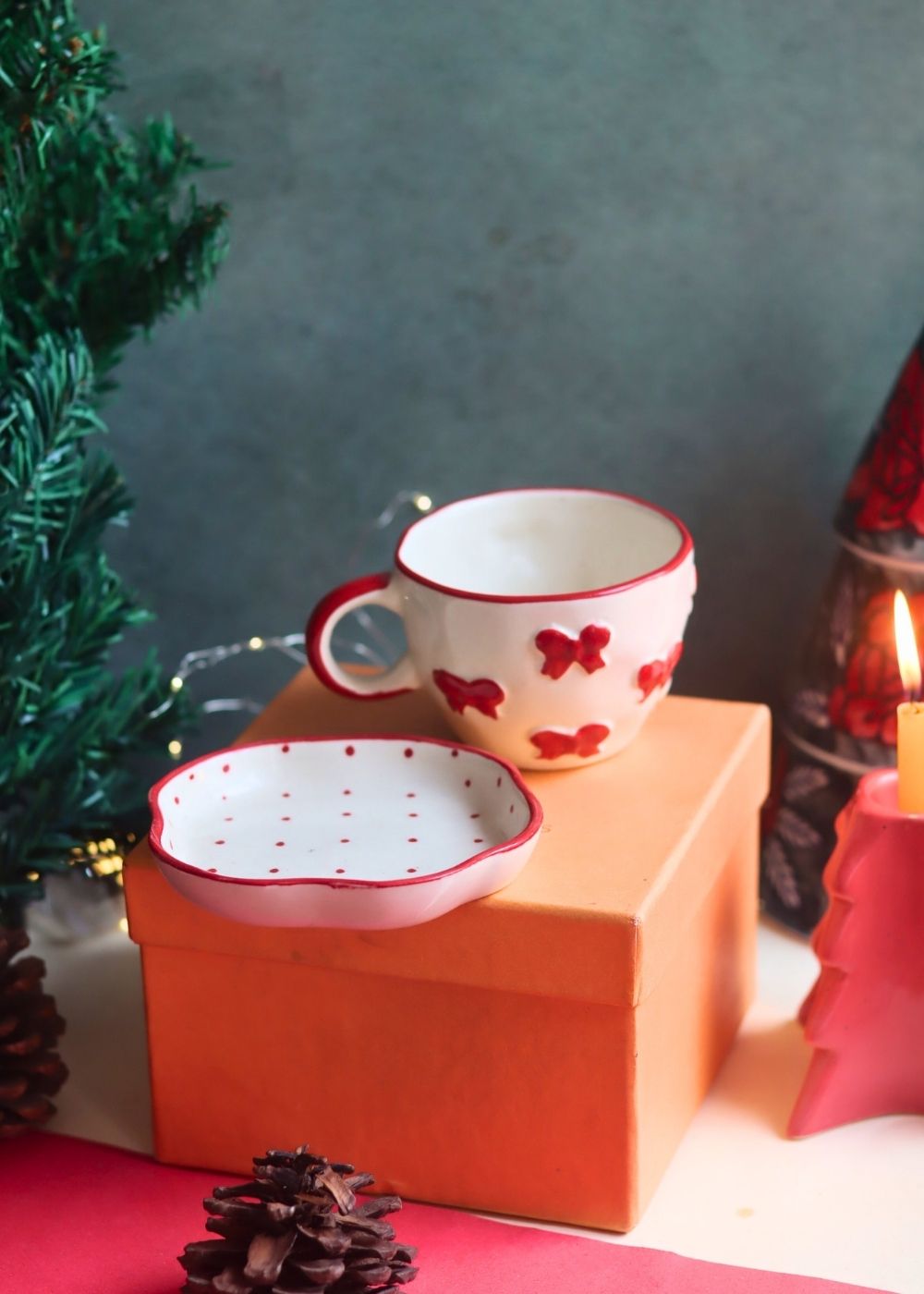 Bow Mug & Red Polka Handmade Dessert Plate in a Gift Box made by ceramic