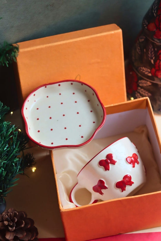 Bow Mug & Red Polka Handmade Dessert Plate in a Gift Box with premium quality material