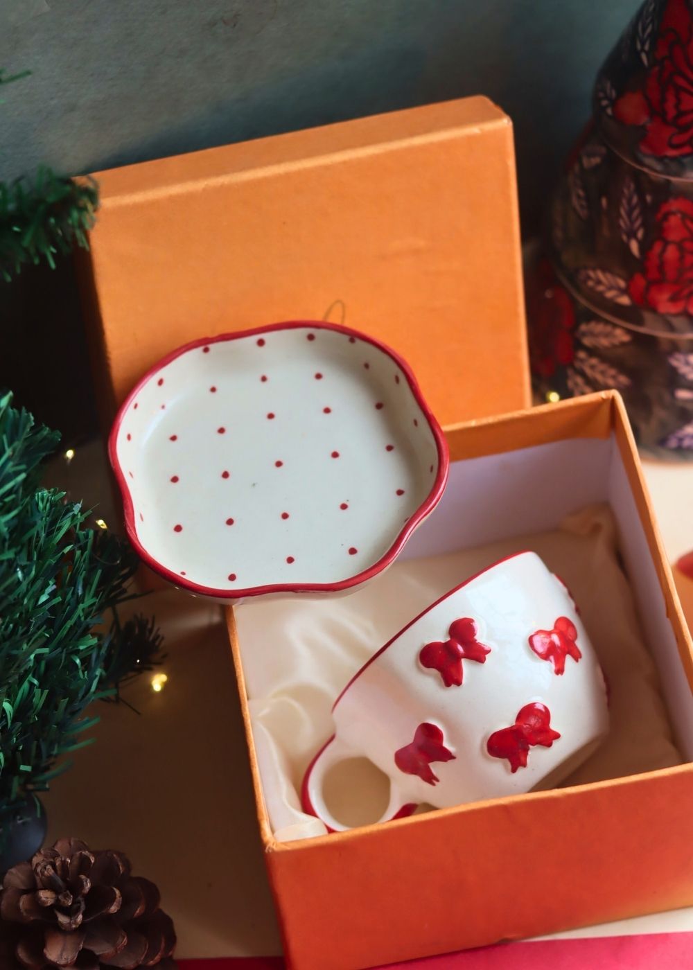 Bow Mug & Red Polka Handmade Dessert Plate in a Gift Box with premium quality material