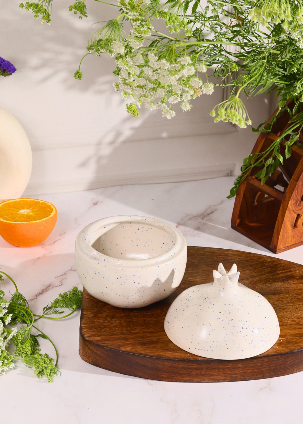 Ceramic white speckled jar with lid 