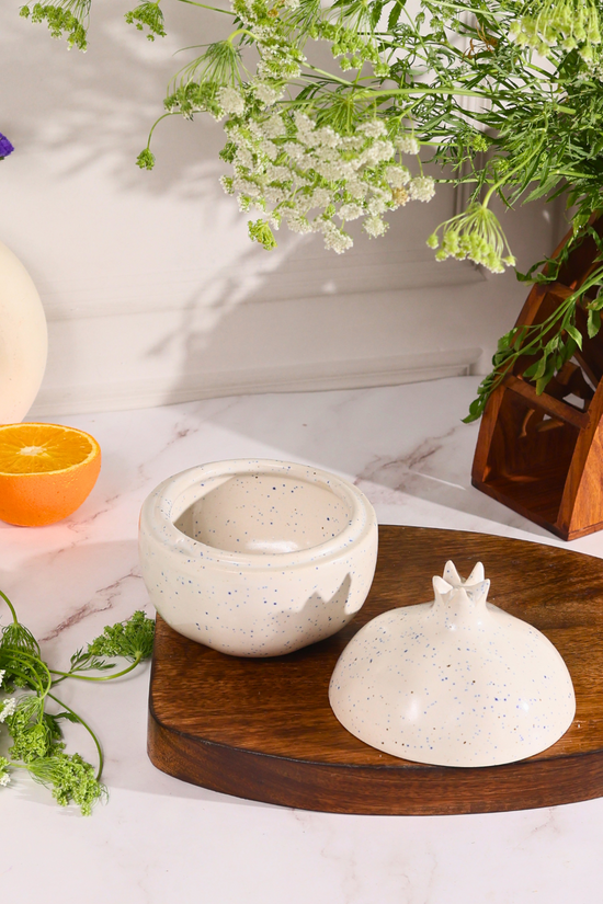 Ceramic white speckled jar with lid 