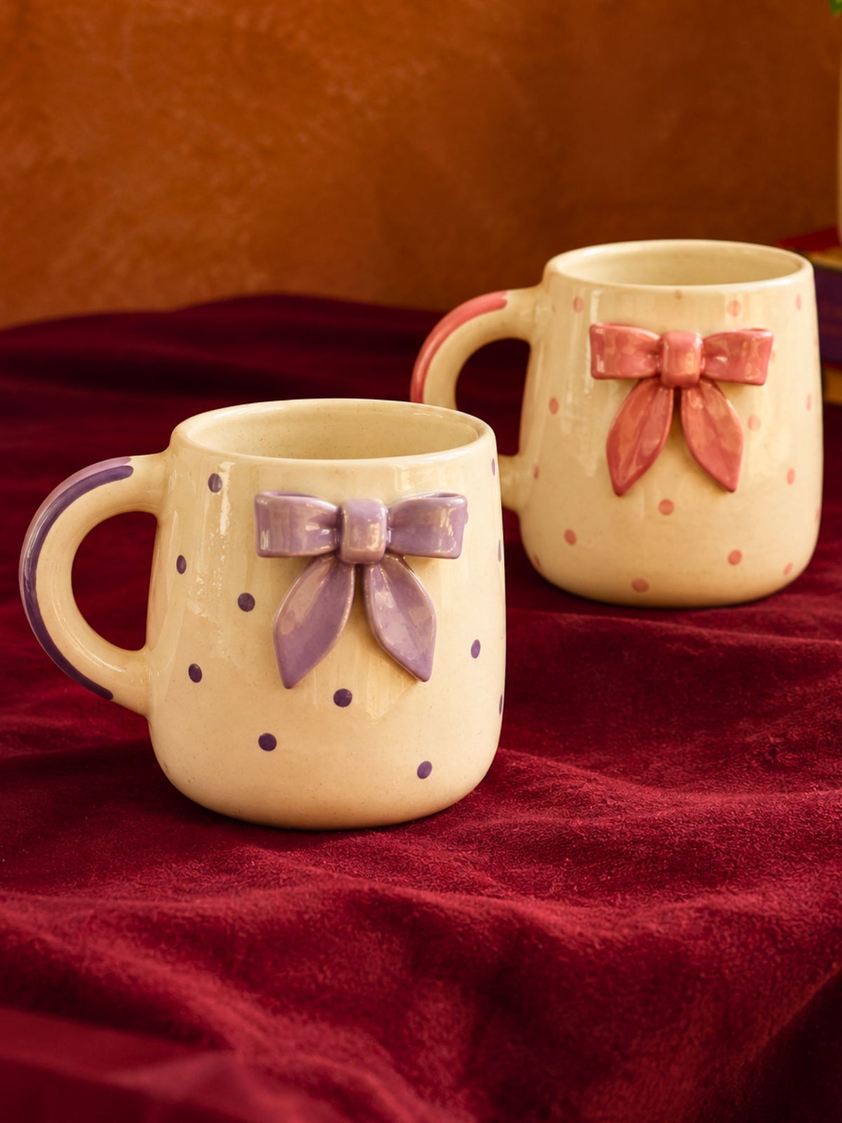 Set of 2 - Bow Embrossed Mugs Combo made by ceramic
