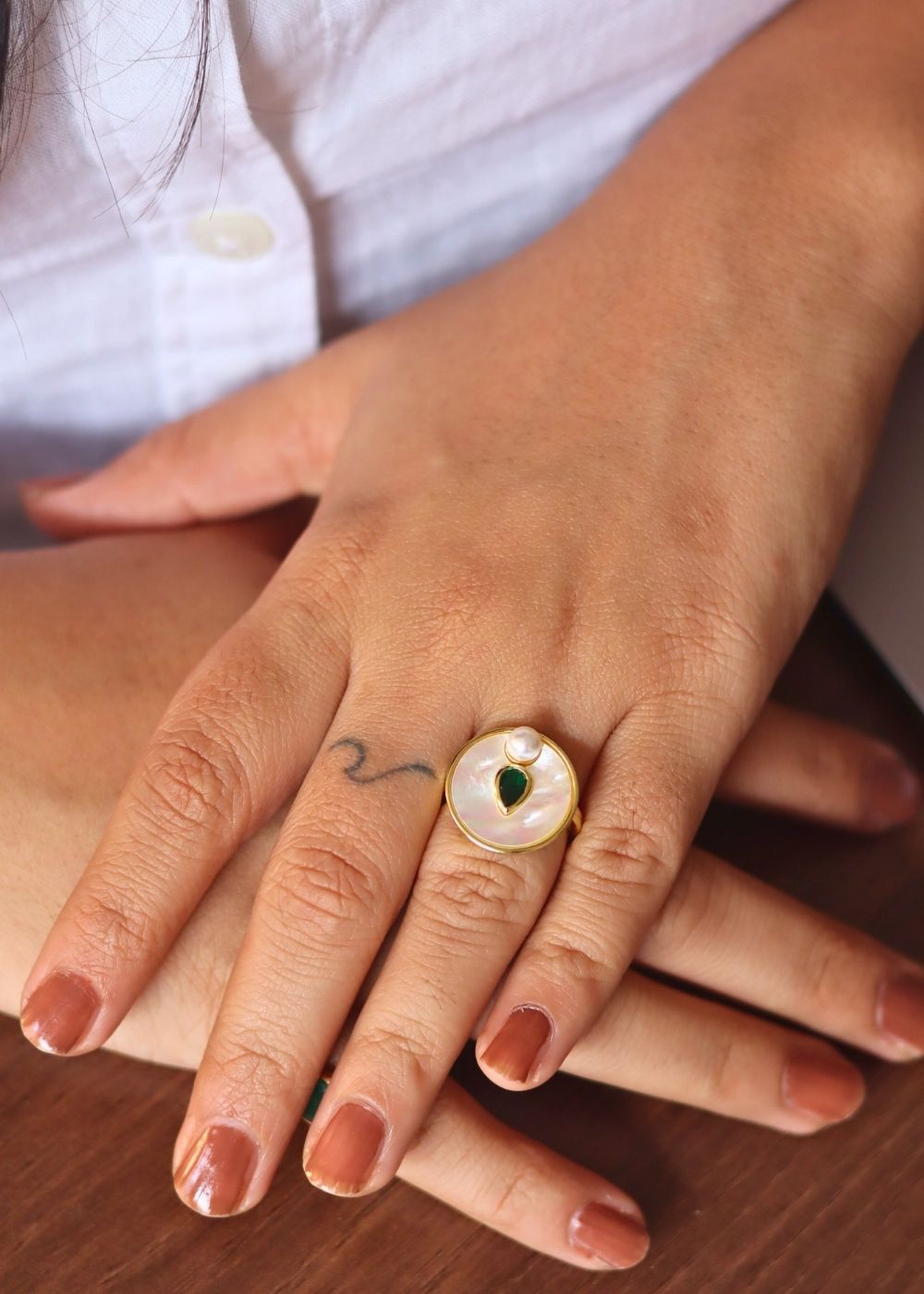 Waterproof Emerald Pearl Luna Ring