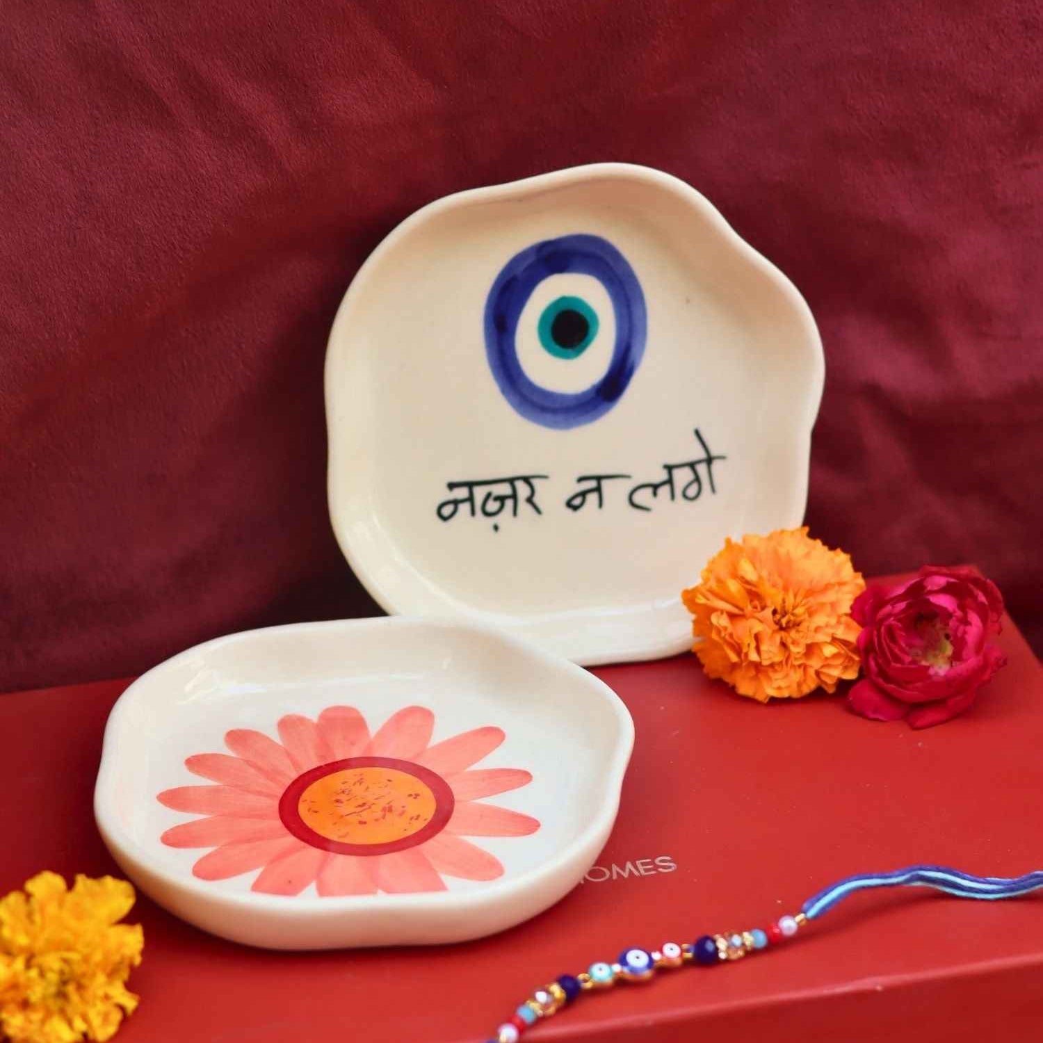 Nazar & Flower Handmade Dessert plate Rakhi Gift box