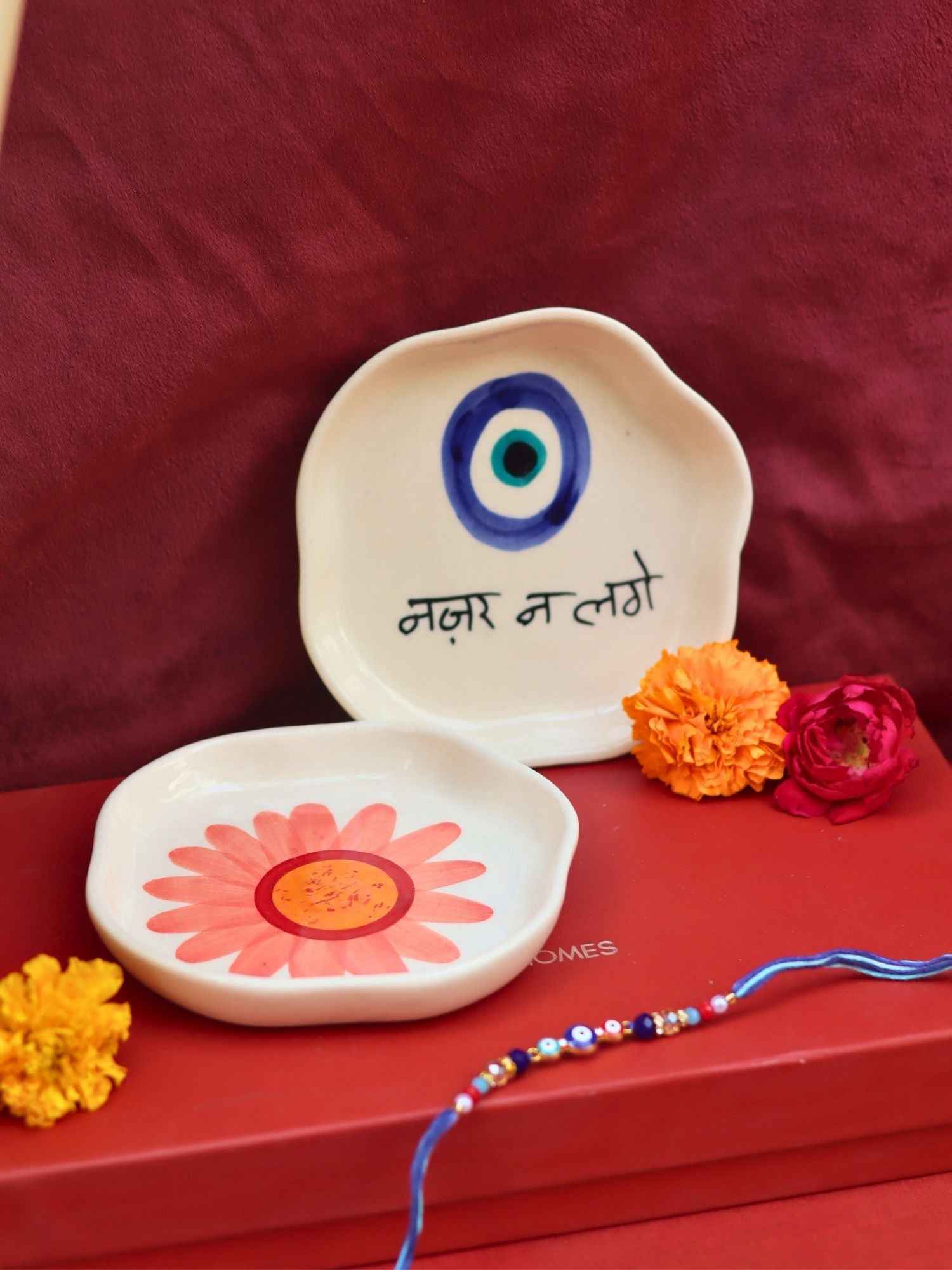 Nazar & Flower Handmade Dessert plate Rakhi Gift box