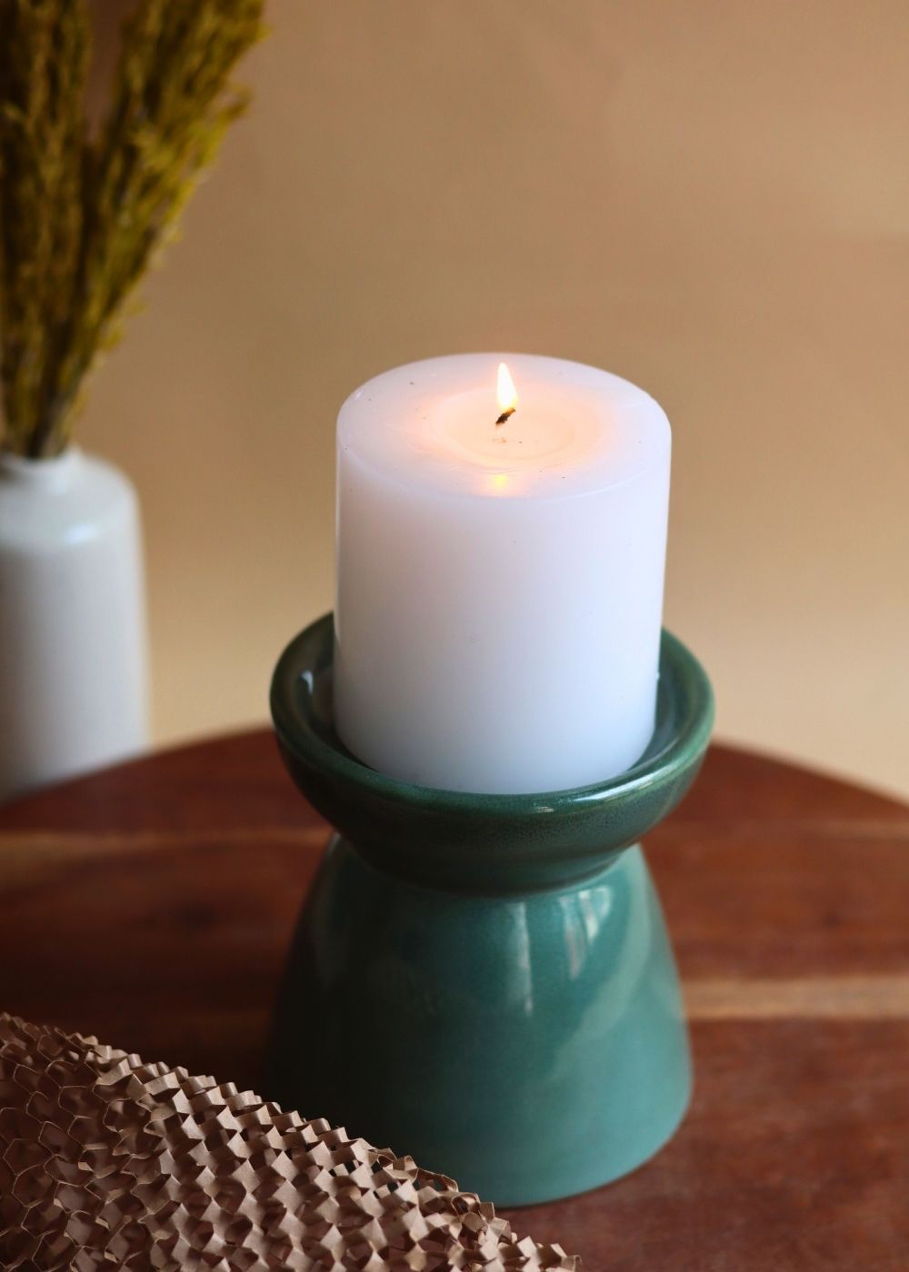 Handmade Green Pillar Candle Holder - Small