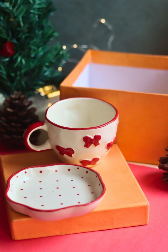 Bow Mug & Red Polka Handmade Dessert Plate in a Gift Box handmade in india